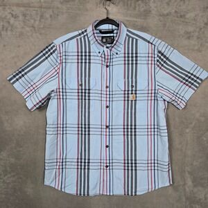 Carhartt shirt mens Large Blue red striped Loose Fit Short Sleeve button up